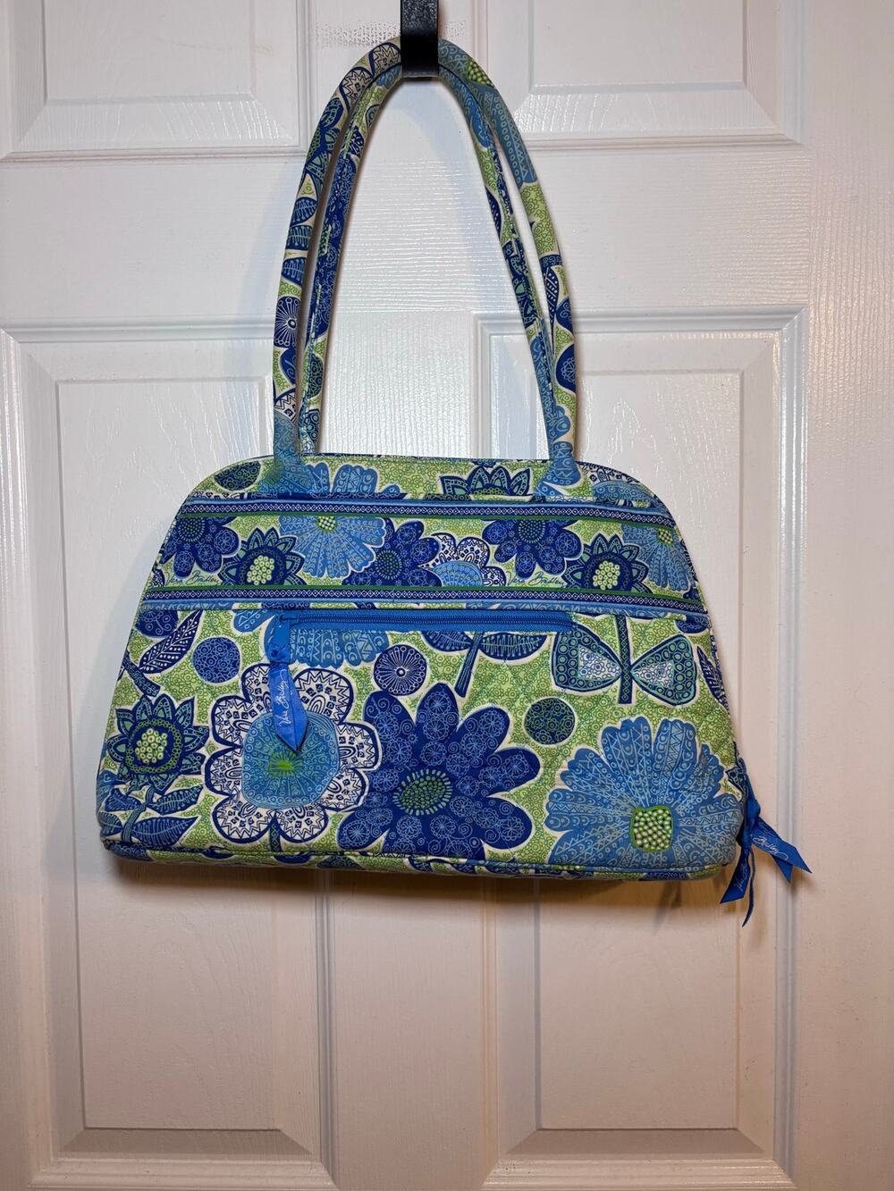 Vera Bradley Blue Green Floral Bowler Shoulder Bag Quilted Cotton Purse